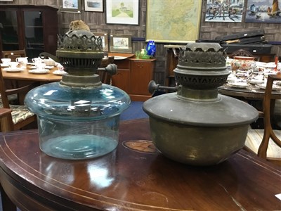 Lot 456 - A GROUP OF GLASS CHIMNEYS AND TWO VICTORIAN OIL LAMP RESEVOIRS