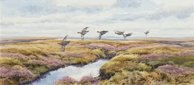 Lot 636 - GROUSE IN FLIGHT, A WATERCOLOUR BY BRIAN RAWLING