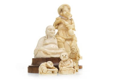 Lot 1060 - A LATE 19TH CENTURY JAPANESE CARVED IVORY OKIMONO AND OTHER IVORIES