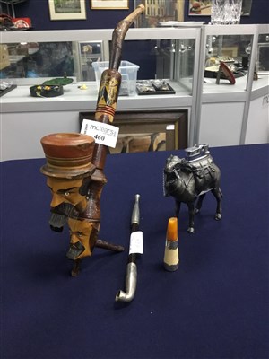 Lot 460 - A SWISS WOODEN PIPE, JAPANESE PIPE, CIGARETTE HOLDER AND A LIGHTER