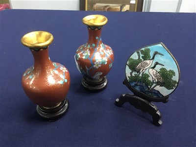 Lot 464 - A PAIR OF SMALL CLOISONNE VASES AND A PANEL ON STAND