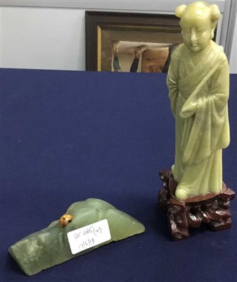 Lot 465 - A CHINESE SOAPSTONE FIGURE AND A CHINESE STONE
