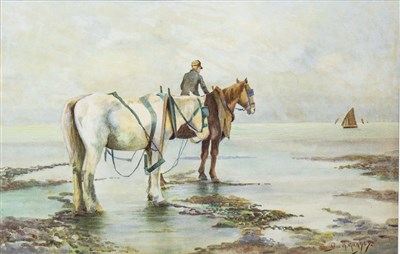 Lot 749 - HORSES BY THE BEACH, A WATERCOLOUR BY GEORGE H HUGHES