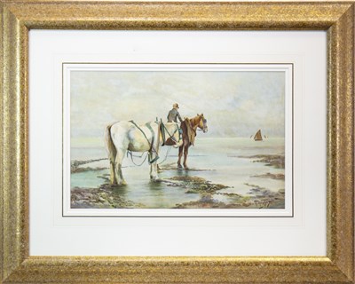 Lot 749 - HORSES BY THE BEACH, A WATERCOLOUR BY GEORGE H HUGHES