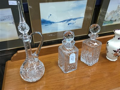 Lot 474 - A CRYSTAL CLARET JUG, TWO DECANTERS AND COLLECTABLE CERAMICS