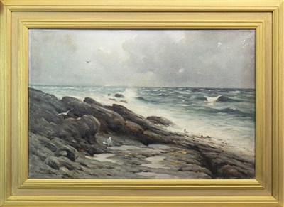Lot 488 - BLUSTERY DAY ON THE AYRSHIRE COAST, AN OIL BY ROBERT RUSSELL MACNEE