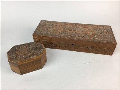 Lot 6 - A WOOL WINDER, A MAUCHLINE WARE BOX, A MONEY BANK AND TWO CARVED BOXES