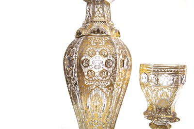 Lot 1226 - A 19TH CENTURY BOHEMIAN GILDED CLEAR GLASS OCTAGONAL BALUSTER DECANTER