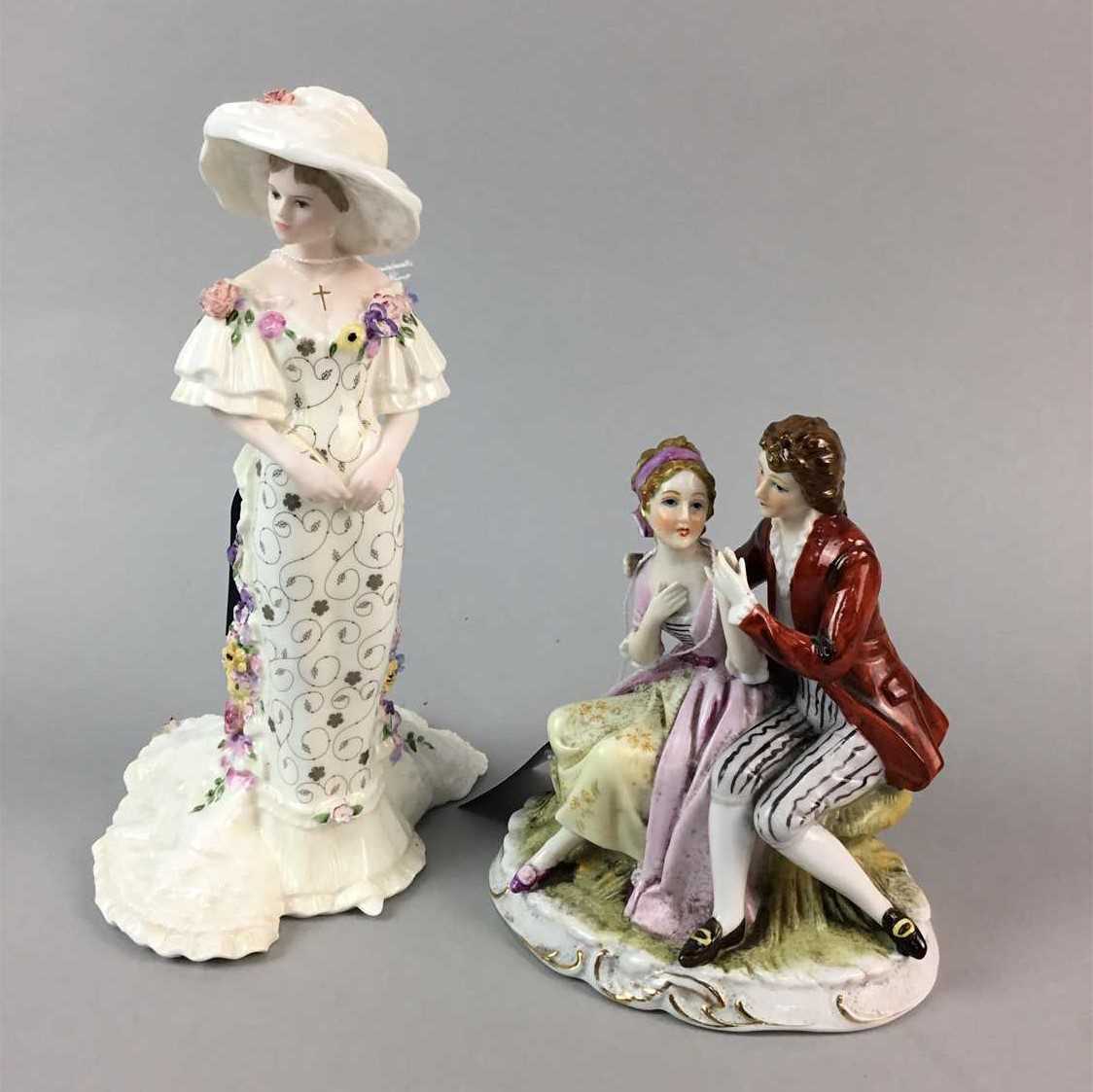 Lot 14 - A COALPORT FIGURE OF A LADY AND A CONTINENTAL FIGURE GROUP