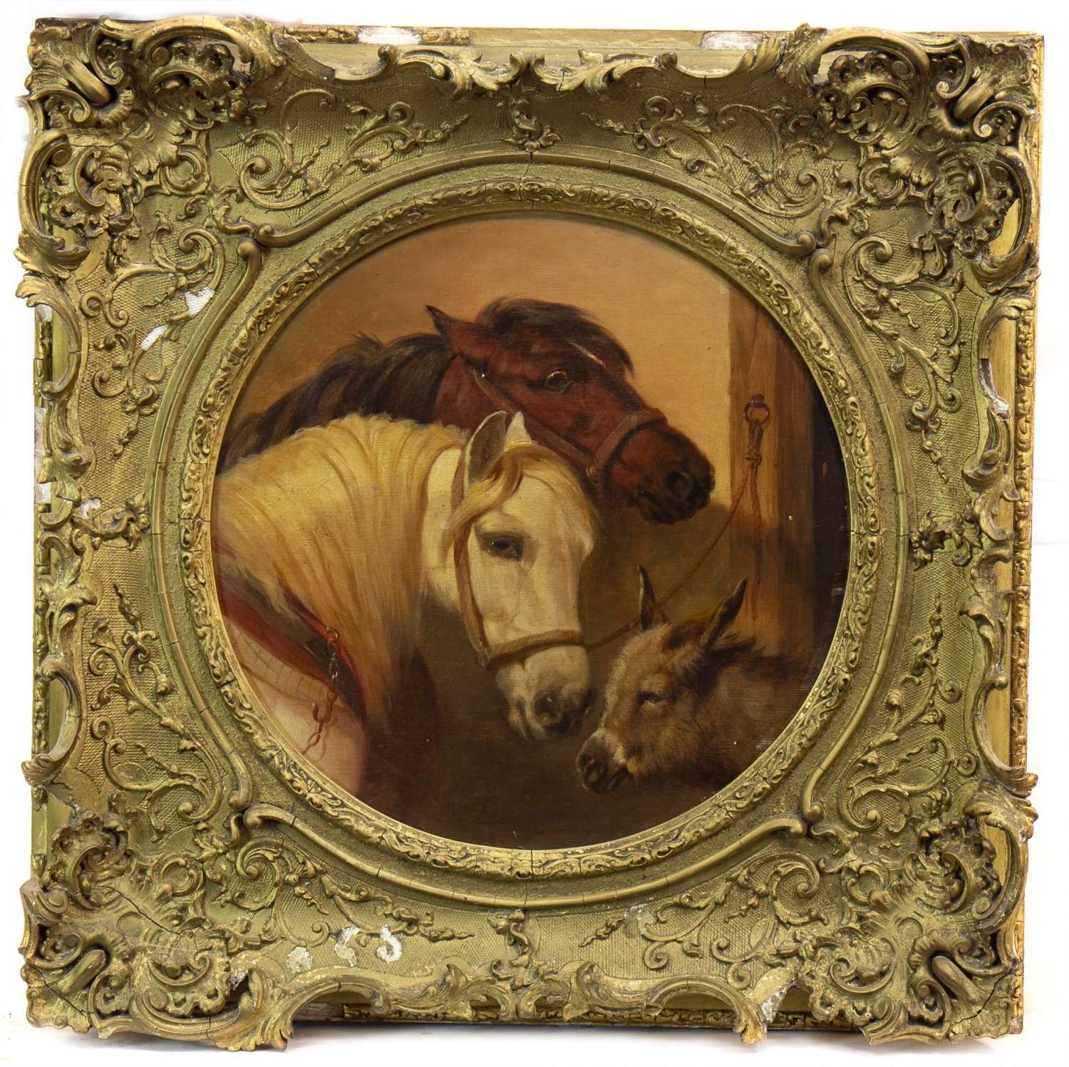 Lot 526 - PORTRAIT OF TWO HORSES AND A DONKEY, AN OIL ATTRIBUTED TO JOHN FREDERICK HERRING