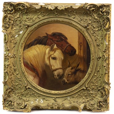 Lot 526 - PORTRAIT OF TWO HORSES AND A DONKEY, AN OIL ATTRIBUTED TO JOHN FREDERICK HERRING