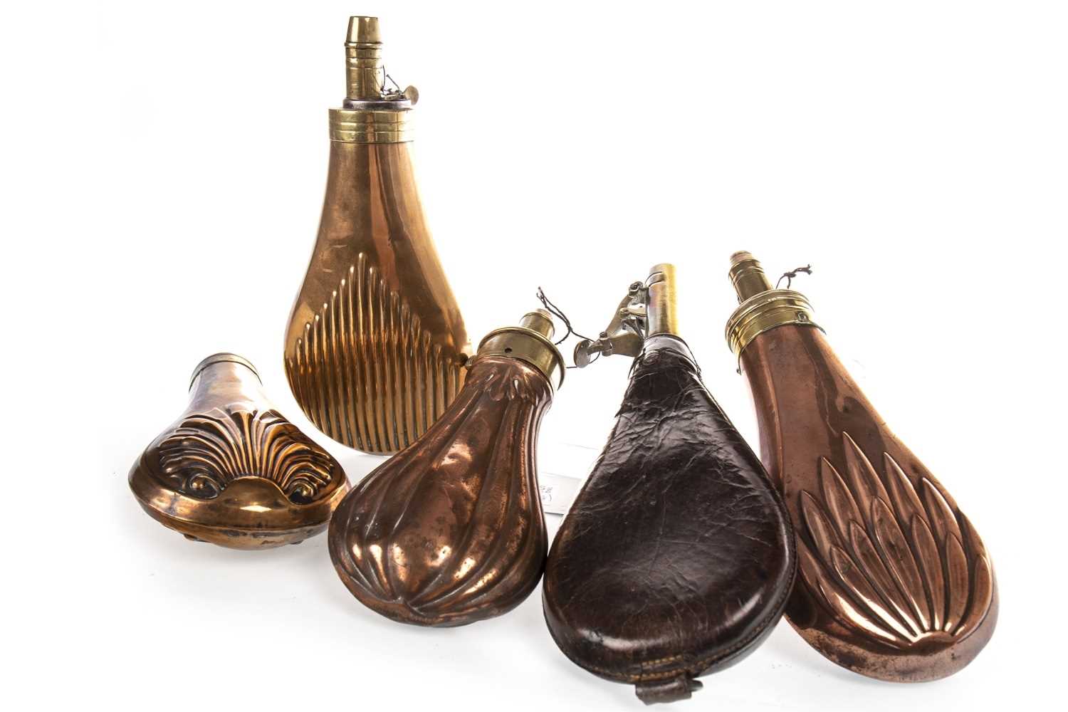 Lot 845 - A LOT OF FIVE VICTORIAN POWDER FLASKS AND OTHER ITEMS