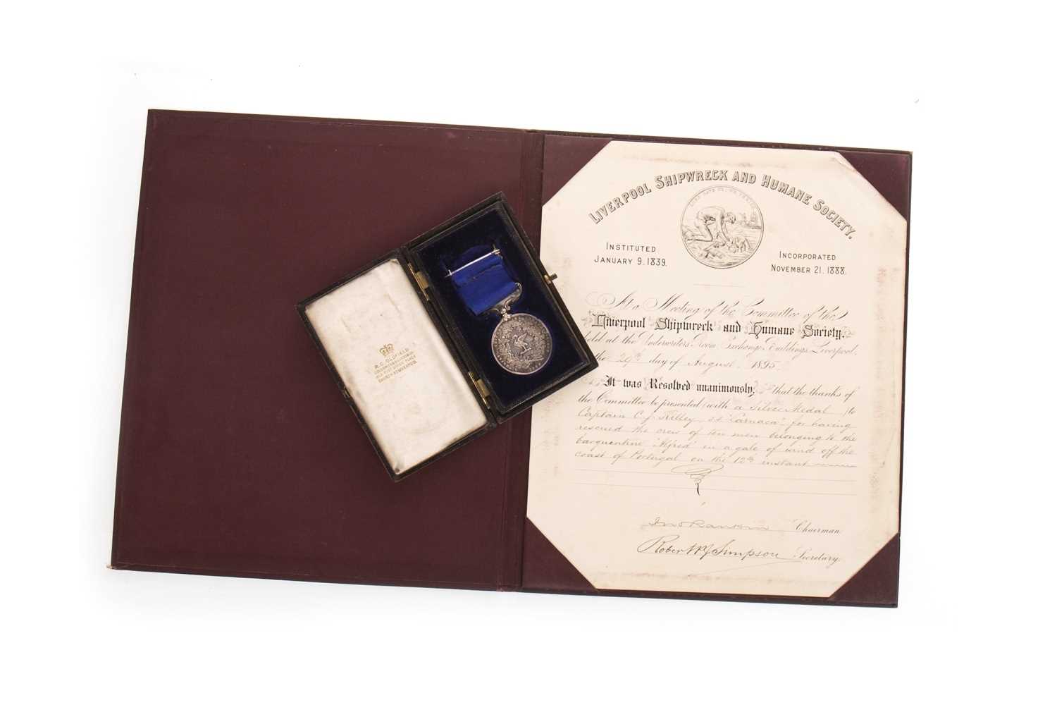 Lot 847 - A LIVERPOOL SHIPWRECK AND HUMANE SOCIETY MEDAL AWARDED TO CAPT. C. J. KILLEY