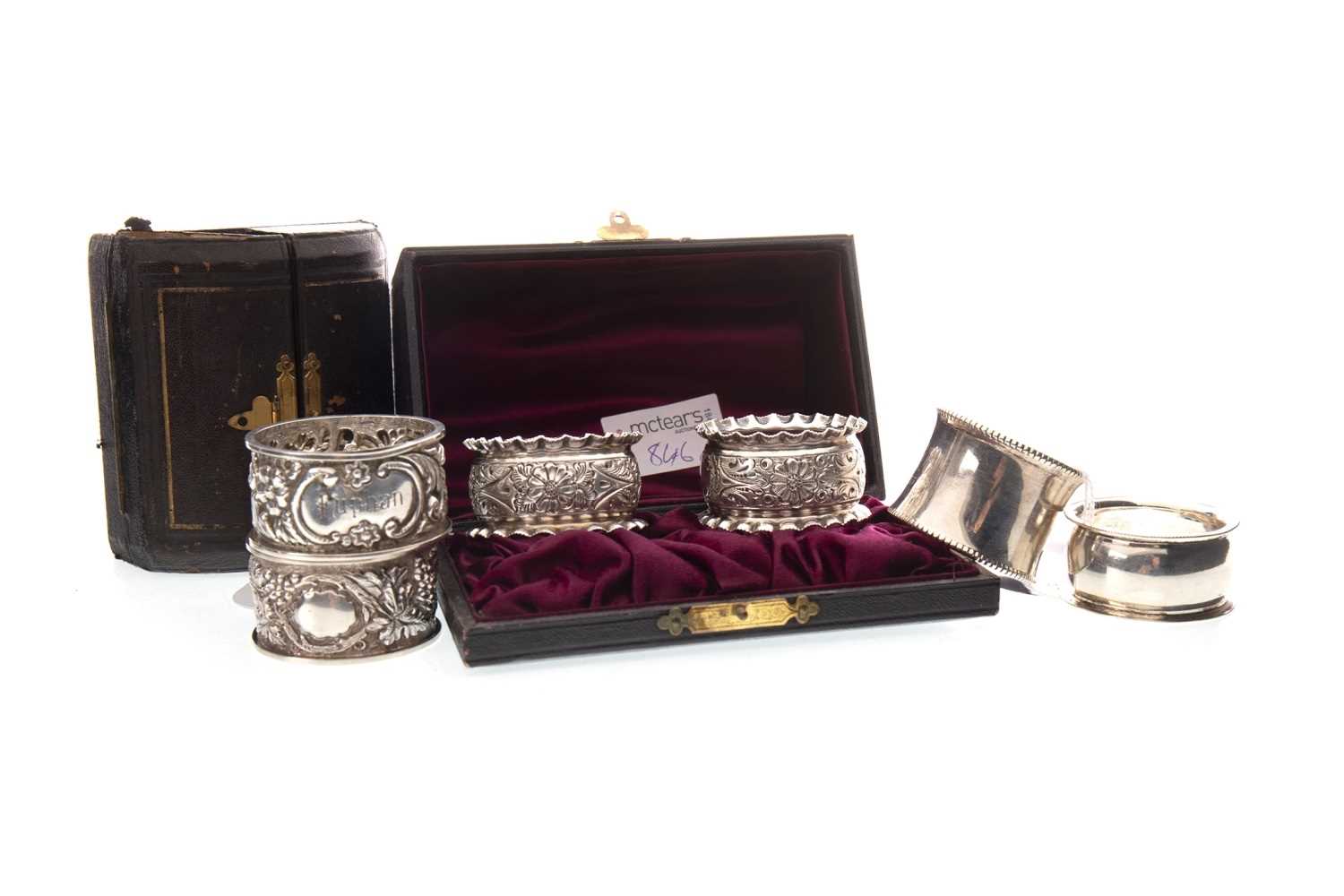 Lot 846 - A LATE VICTORIAN SILVER NAPKIN RING AND FIVE OTHERS