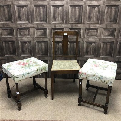 Lot 207 - A PAIR OF MAHOGANY STOOLS AND AN OAK BEDROOM CHAIR
