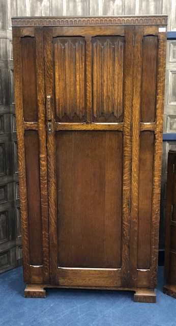 Lot 199 - AN OAK SINGLE WARDROBE, CUPBOARD CHEST AND DRESSING CHEST