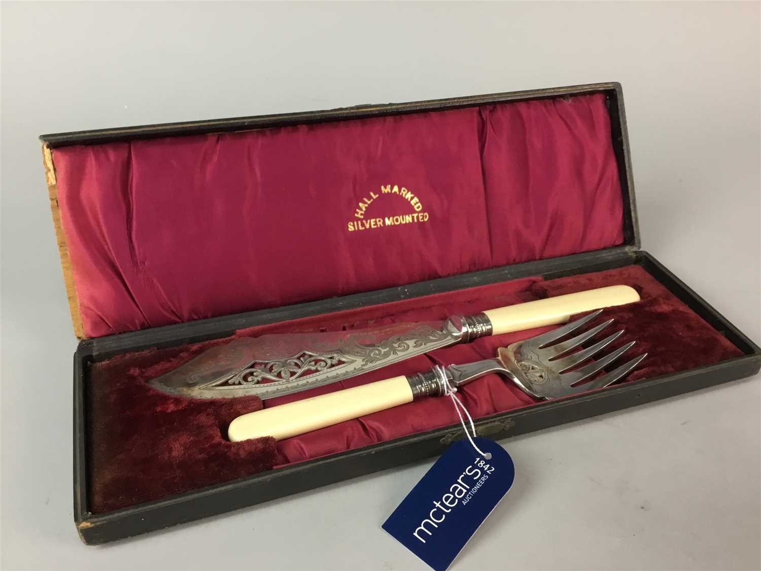 Lot 48 - A VICTORIAN PLATED FISH SLICE AND FORK AND OTHER CUTLERY