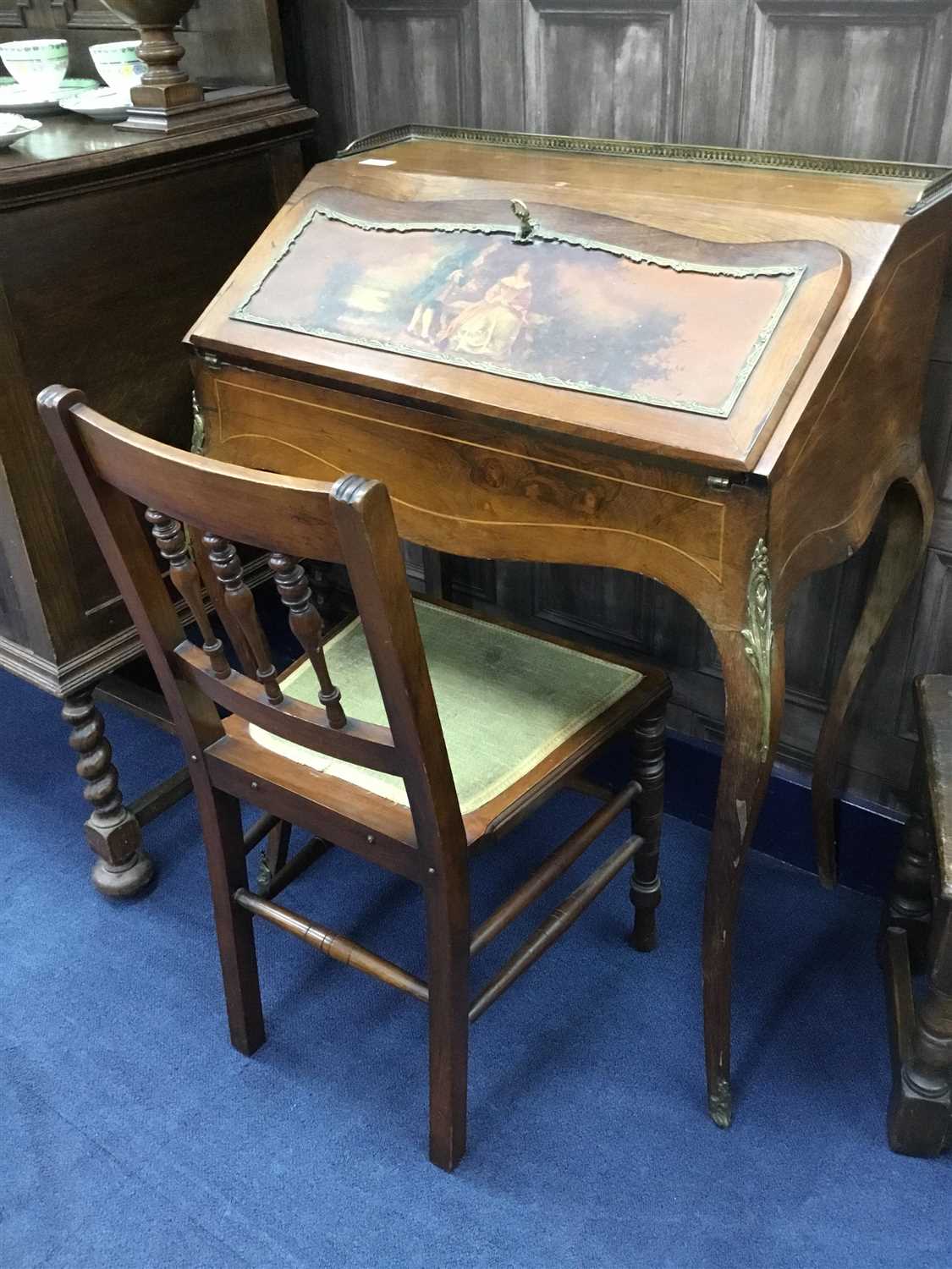 Lot 276 - A STAINED WOOD BUREAU AND A HALL CHAIR