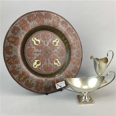 Lot 47 - AN INDIAN BRASS CHARGER, SILVER PLATED BOWL AND TWIN HANDLED BOWL