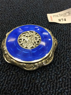 Lot 874 - A SMALL SILVER AND BLUE GUILLOCHE ENAMEL COMPACT