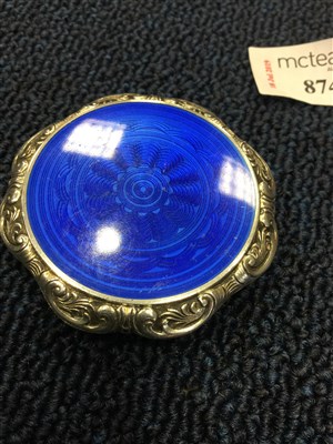 Lot 874 - A SMALL SILVER AND BLUE GUILLOCHE ENAMEL COMPACT