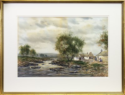 Lot 470 - COTTAGES BY A RIVER, A WATERCOLOUR BY JOHN HAMILTON GLASS
