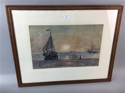 Lot 308 - FISHING AT SUNSET, A WATERCOLOUR BY ALEXANDER BROWNLIE DOCHARTY