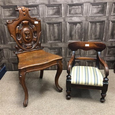 Lot 286 - A VICTORIAN OAK HALL CHAIR AND A CHILD'S ELBOW CHAIR