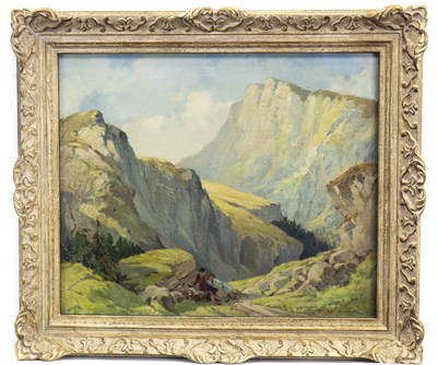 Lot 475 - SWISS MOUNTAIN PASS WITH FIGURES RESTING, AN OIL BY PERCY LANCASTER