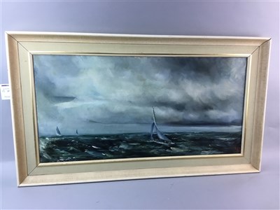 Lot 274 - BOATS ON A STORMY SEA, AN OIL BY YVETTE G