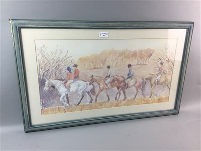 Lot 91 - STRING OF HORSES TROTTING BY LAKE, A WATERCOLOUR BY KAREN JONES