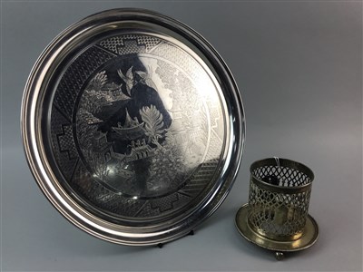 Lot 72 - A PLATED SILVER TRAY, CANDLE HOLDER AND TABLE MIRROR
