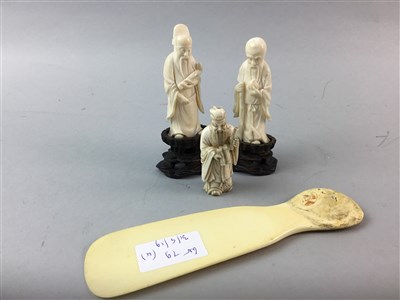 Lot 79 - A LOT OF THREE IVORY FIGURES OF IMMORTALS AND A SHOE HORN