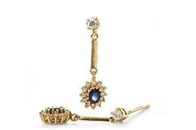 Lot 59 - A PAIR OF BLUE GEM AND DIAMOND CLUSTER DROP EARRINGS