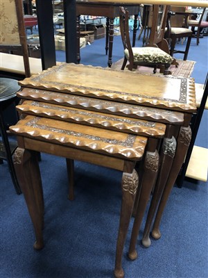 Lot 269 - A NEST OF THREE TEAK TABLES, MAHOGANY FIRE SCREEN AND AN OCCASIONAL TABLE