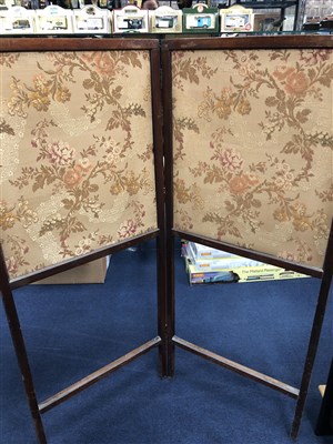 Lot 269 - A NEST OF THREE TEAK TABLES, MAHOGANY FIRE SCREEN AND AN OCCASIONAL TABLE