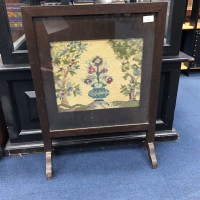 Lot 334 - AN OAK FIRE SCREEN, VINTAGE CARPET SWEEPER AND A STAINED WOOD PAPER RACK