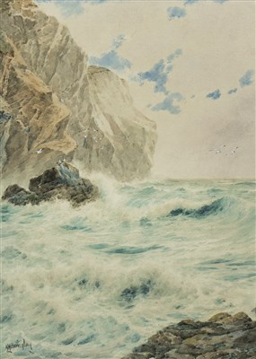 Lot 443 - ROCKY COASTAL SCENE, A WATERCOLOUR BY H H BINGLEY