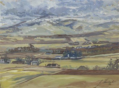 Lot 429 - FIRST SNOW ON CHEVIOT FROM GIRRICK HIGHTS, A MIXED MEDIA BY JOHN SHIACH