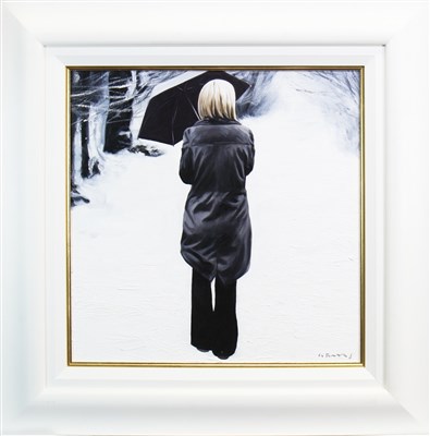 Lot 1749 - BLACK UMBRELLA IN THE SNOW, AN OIL BY GERARD BURNS