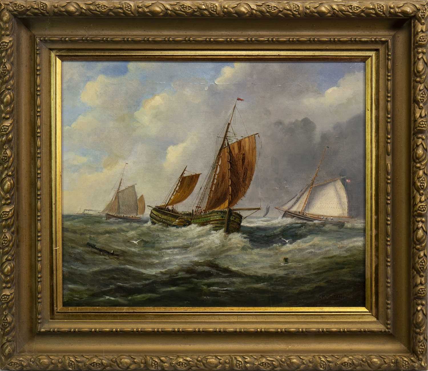 Lot 428 - CHANNEL SHIPPING IN CHOPPY SEAS, AN OIL BY CHRISTOPHER MARK MASKELL