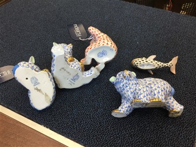 Lot 1248 - A HEREND FIGURE OF A WHALE AND FOUR OTHER HEREND ANIMAL FIGURES