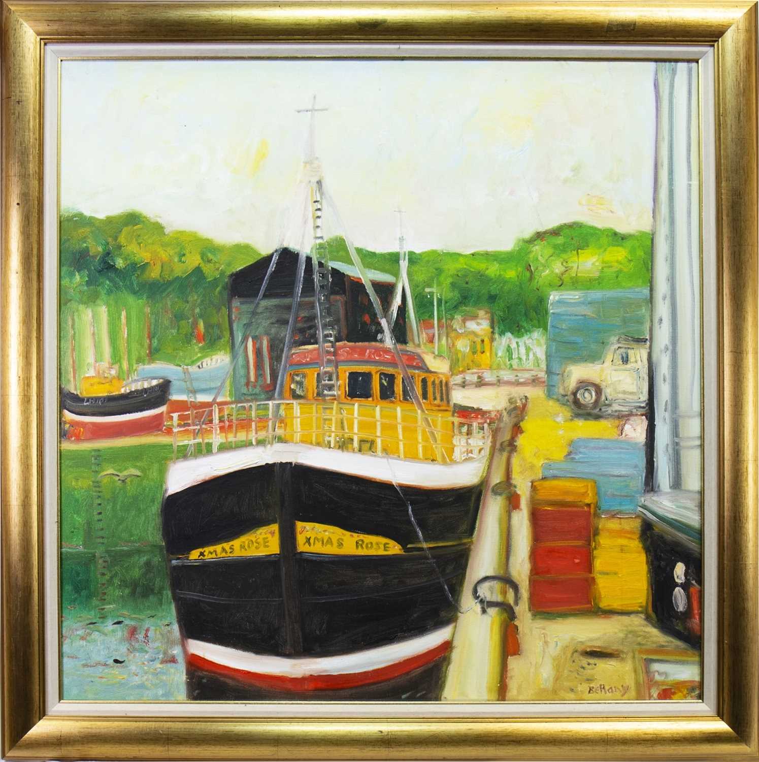 Lot 520 - XMAS ROSE IN THE HARBOUR, AN OIL BY JOHN BELLANY
