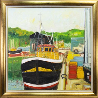 Lot 520 - XMAS ROSE IN THE HARBOUR, AN OIL BY JOHN BELLANY