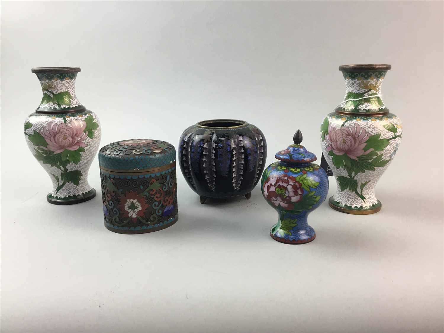 Lot 22 - A CHINESE CLOISONNE LIDDED BOX, CLOISONNE JAR, PAIR OF VASES AND CHINESE WOOD STANDS
