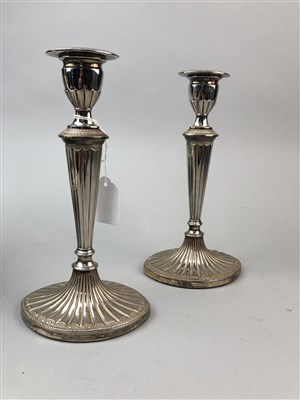 Lot 58 - TWO PAIRS OF SILVER PLATED CANDLE STICKS, A JUG, BOWL AND PLATE
