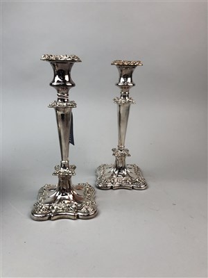 Lot 58 - TWO PAIRS OF SILVER PLATED CANDLE STICKS, A JUG, BOWL AND PLATE
