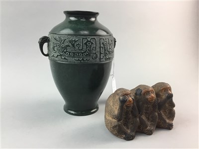 Lot 52 - A JAPANESE BRONZE VASE AND CERAMIC FIGURE GROUP OF THE THREE MONKEYS