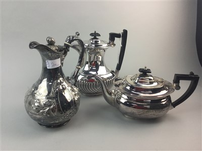 Lot 200 - A SILVER PLATED FOUR PIECE TEA SERVICE, SERVINGS TRAYS AND TEAPOTS