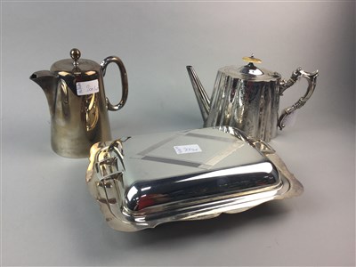 Lot 200 - A SILVER PLATED FOUR PIECE TEA SERVICE, SERVINGS TRAYS AND TEAPOTS